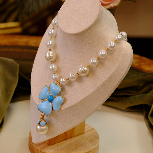 Napoli Blue Glass & Pearl Drop Necklace