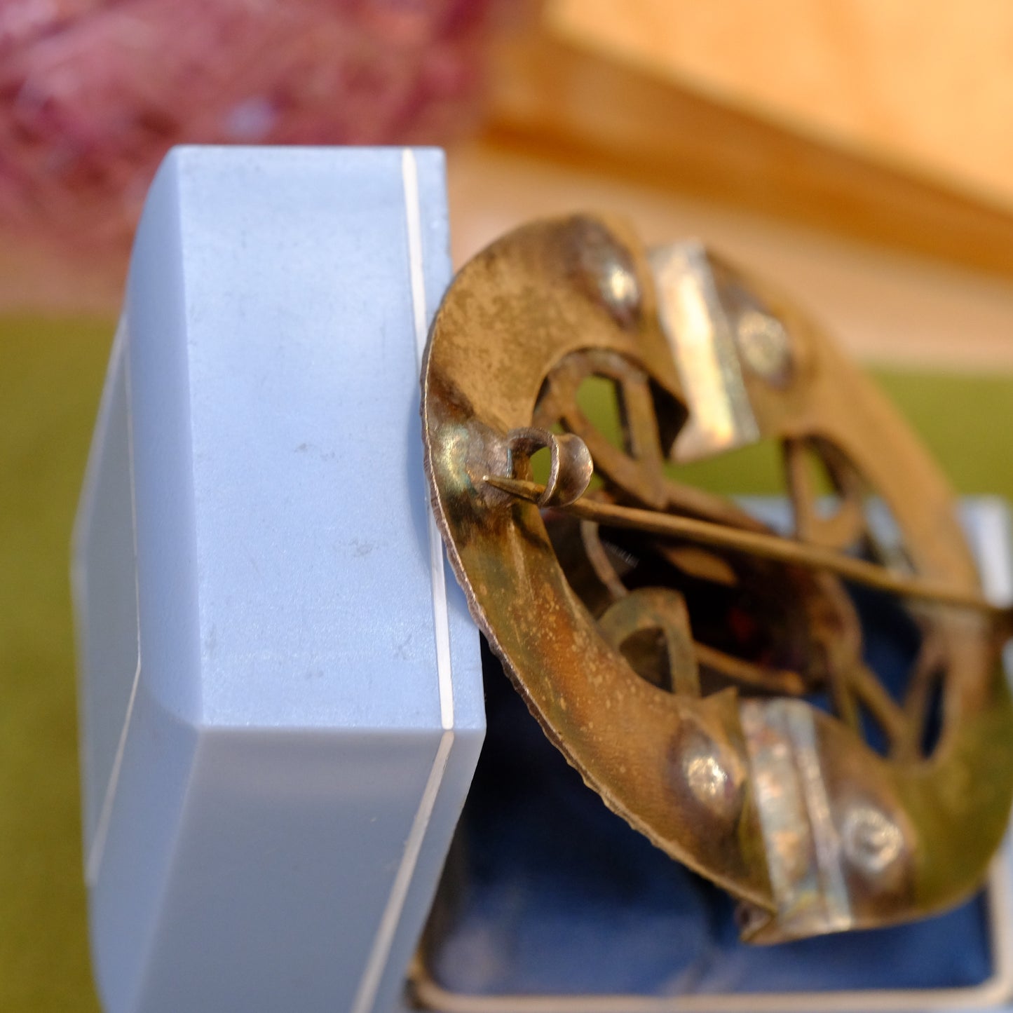 Early Sash Brooch hammered silver with purple glass