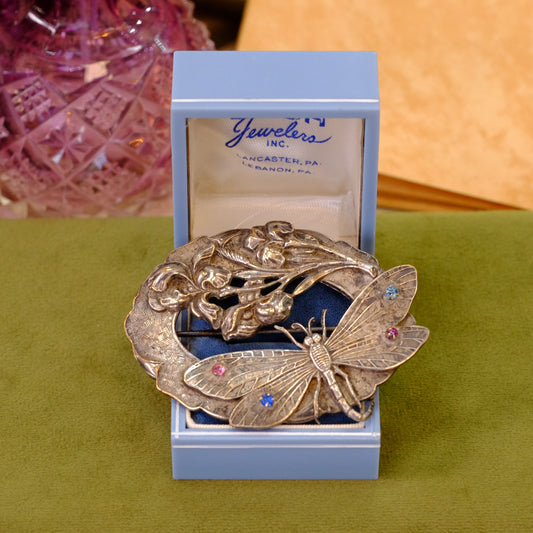 Art nouveau dragonfly on flowers brooch