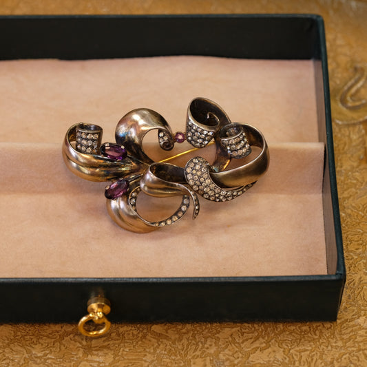 Sterling Silver Gold-Washed Brooch with Purple Stones 1940s