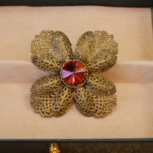 Art Nouveau Filigree Flower Brooch with Red Stone