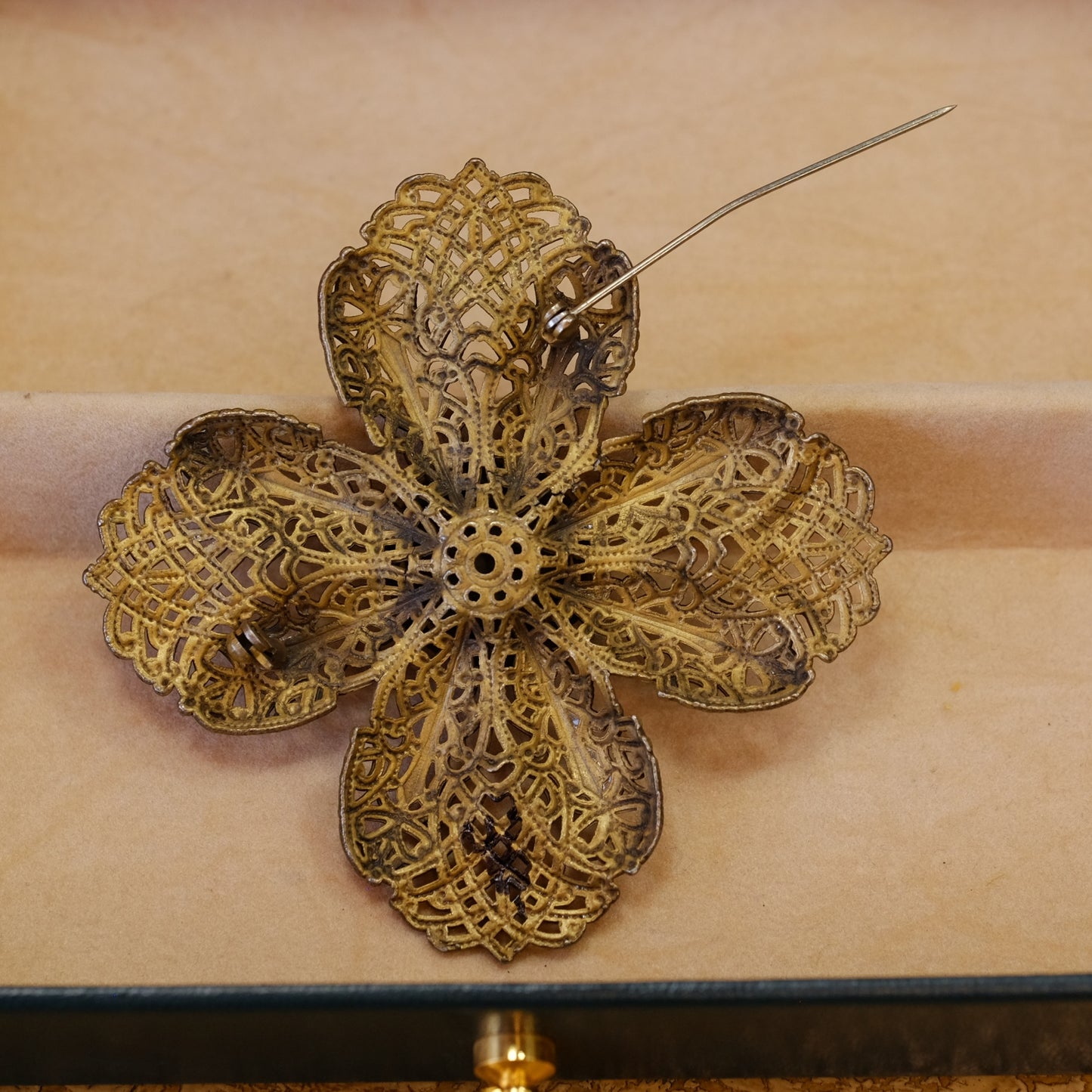 Art Nouveau Filigree Flower Brooch with Red Stone