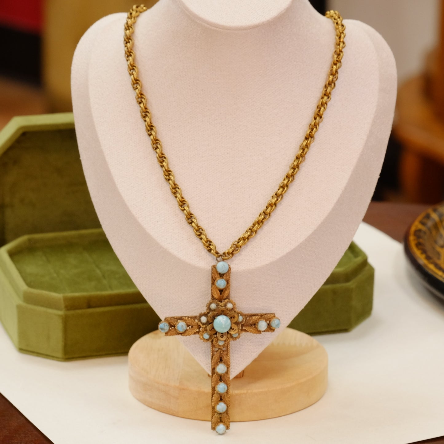 Vintage Large Cross Brass Faux Turquoise