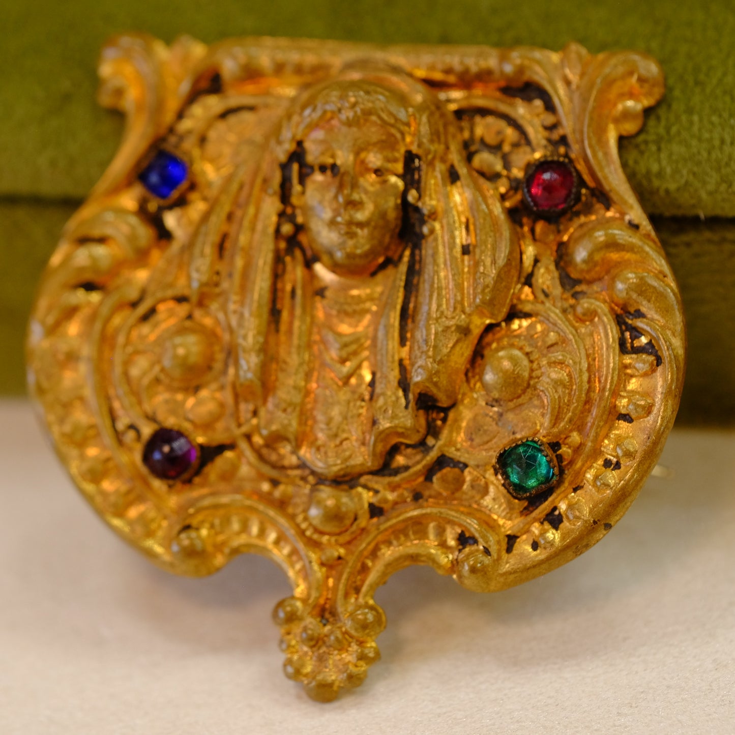 Art Nouveau Gold Tone Jeweled Lady Pin 1920s