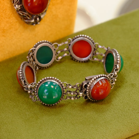 Antique Sterling Silver Necklace & Bracelet Set with Carnelian and Jade