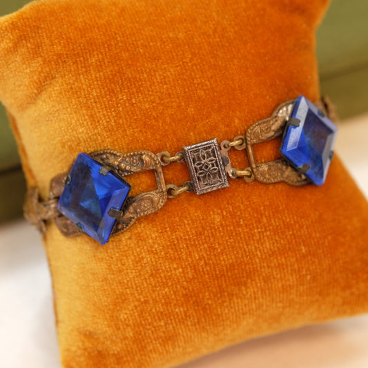 Early Century Brass Rose and Blue Stone Bracelet