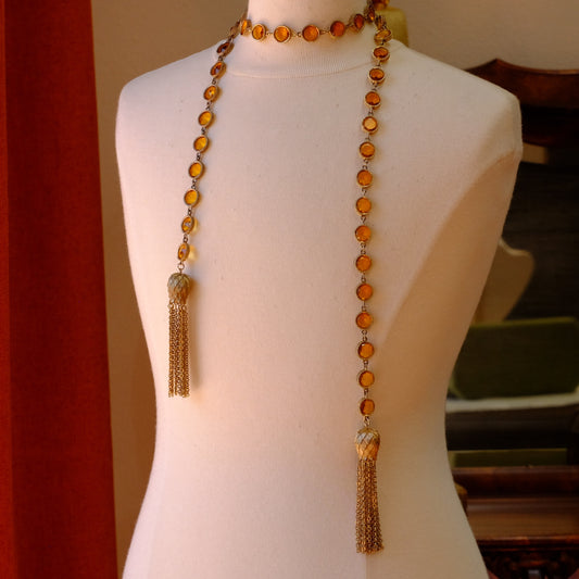 Long Tassel Amber Glass Necklace 1970s