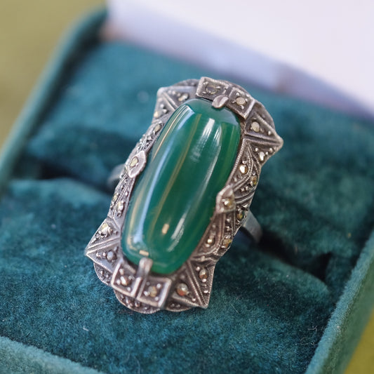 Silver ring with Marcasite and Green stone