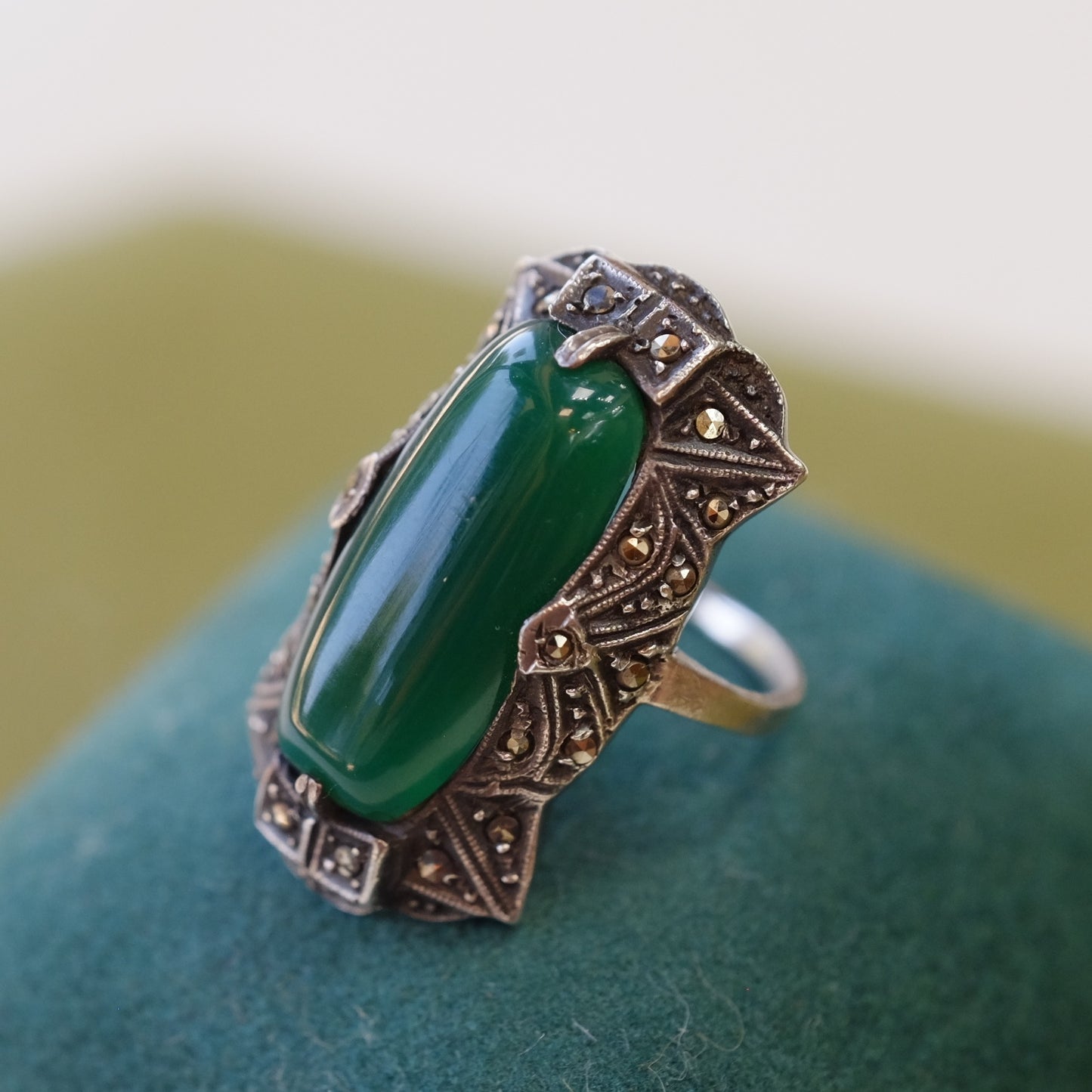 Silver ring with marcasite and Green stone