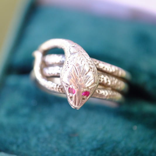 Victorian Coiled Silver Snake Ring with rubies