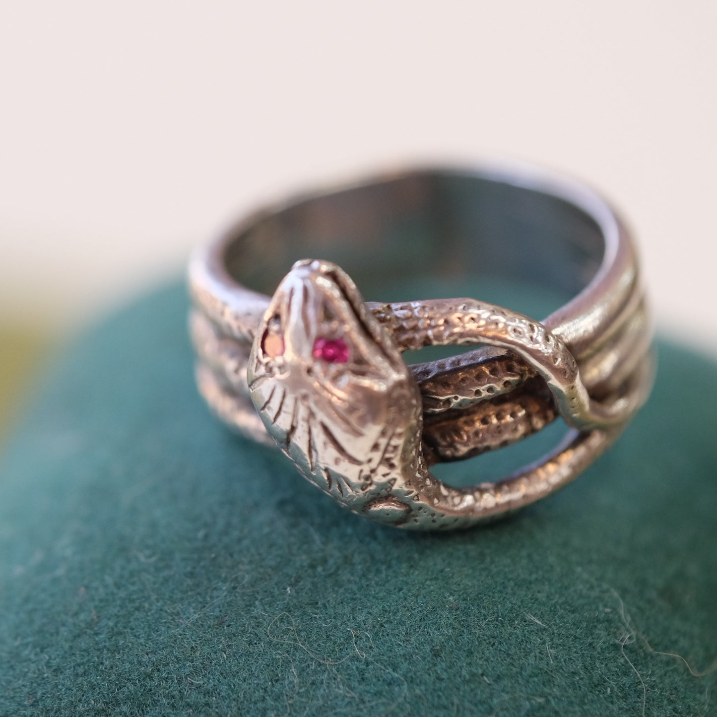 Victorian Coiled Silver Snake Ring with rubies