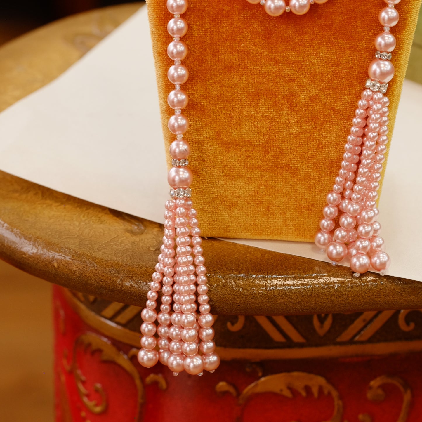 Vintage Long Tassel Pink Faux Pearl Necklace