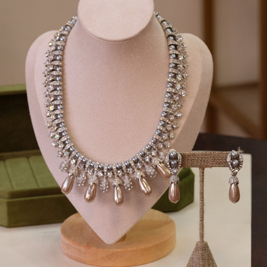 Vintage Faux pearl Necklace and Earrings Set 1980s