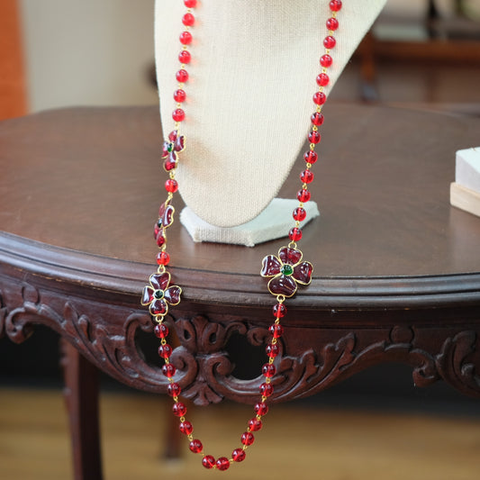 Francoise Montague Red Glass Flowers Sotuar Necklace