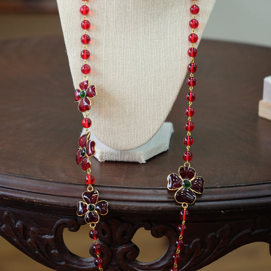 Francoise Montague Red Glass Flowers Sotuar Necklace