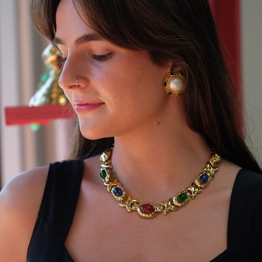 Multi Gemcolor Gold Plated Necklace 1980s