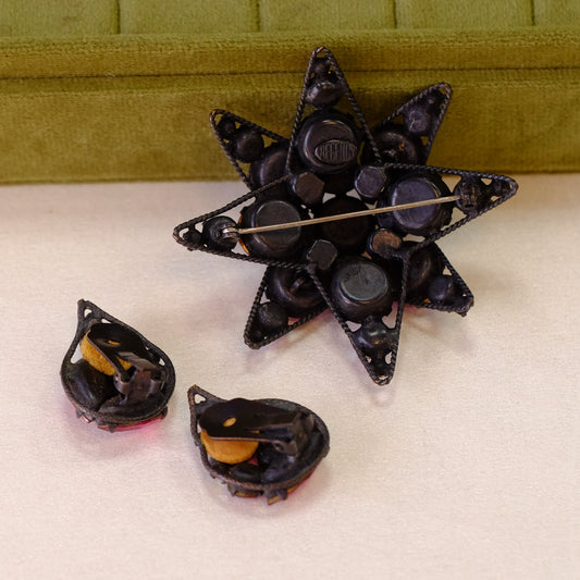 Regency Star Magenta Brooch and Earrings set 1950s