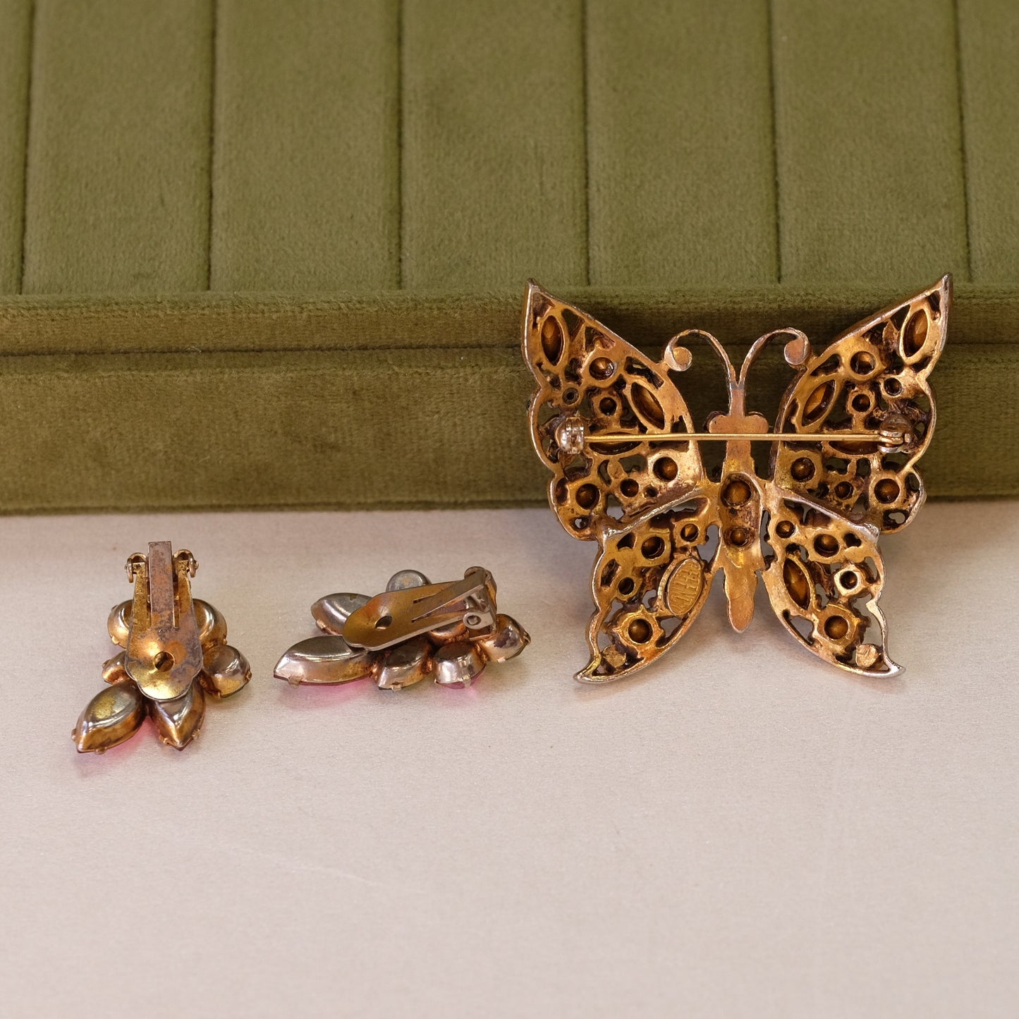 Regency Pink and Lime Butterfly Brooch and Earrings Set 1950s