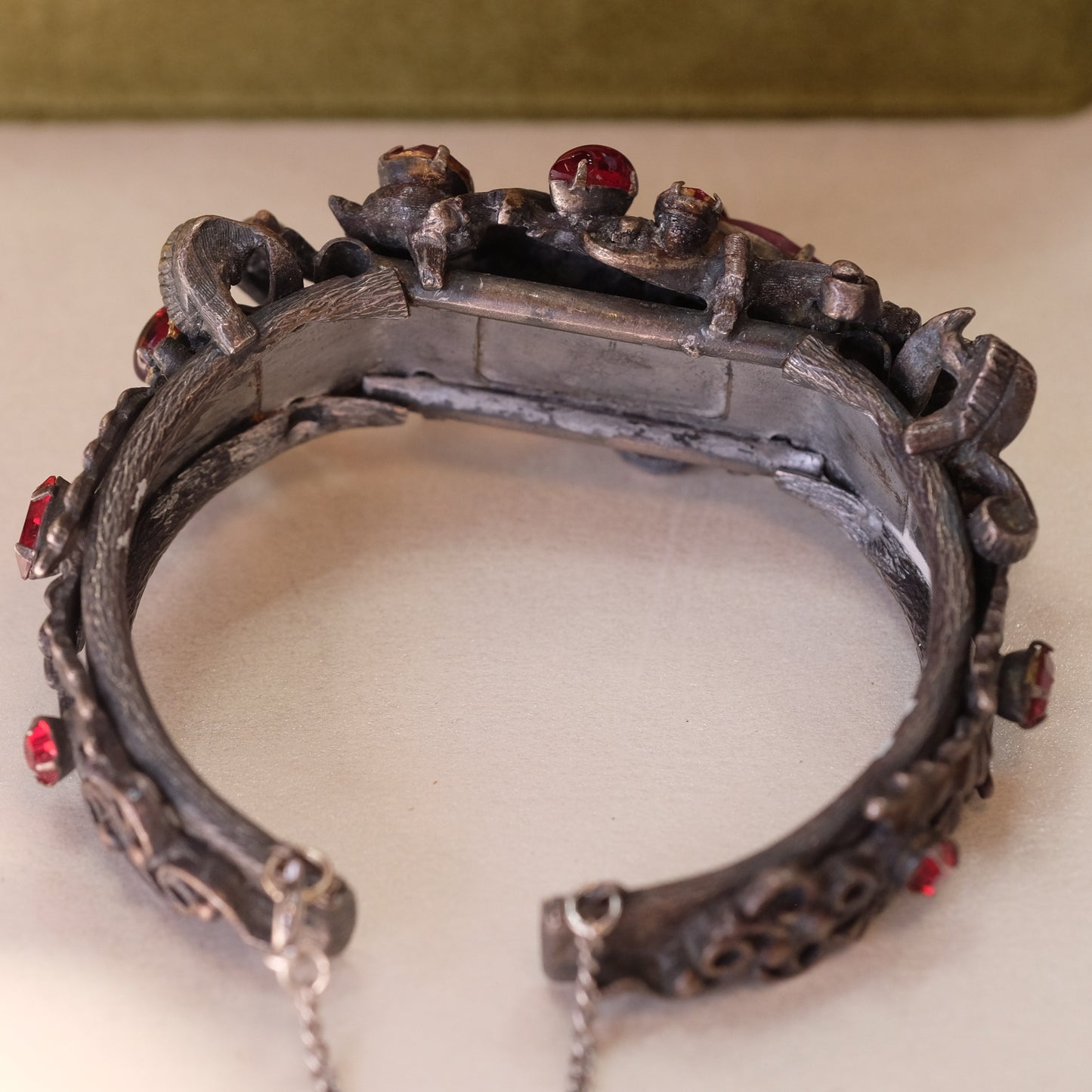 Vintage Cuff Bracelet with Red Glass 1950s