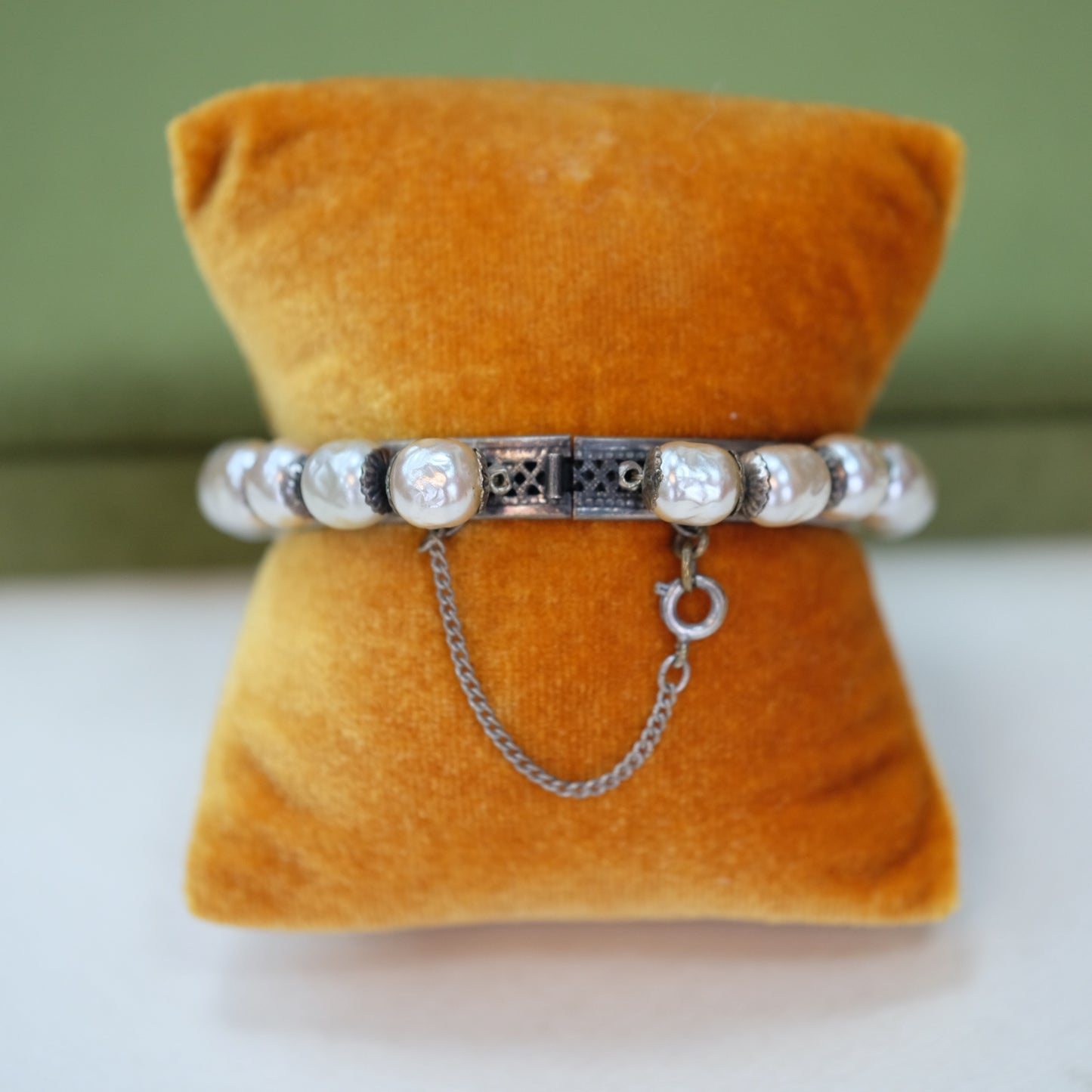 Vintage Miriam Haskell Pearl Grey Rigid Bracelet 1960s