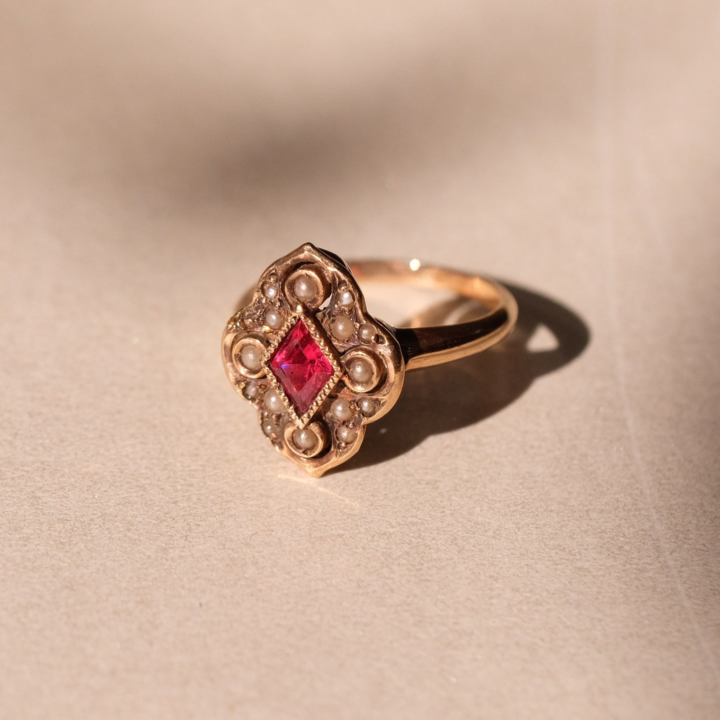 Victorian 10k Gold Seed Pearls and Ruby Ring