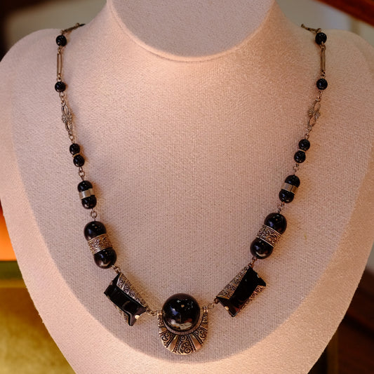 Black and Silver Etched Art Deco Necklace 1920s