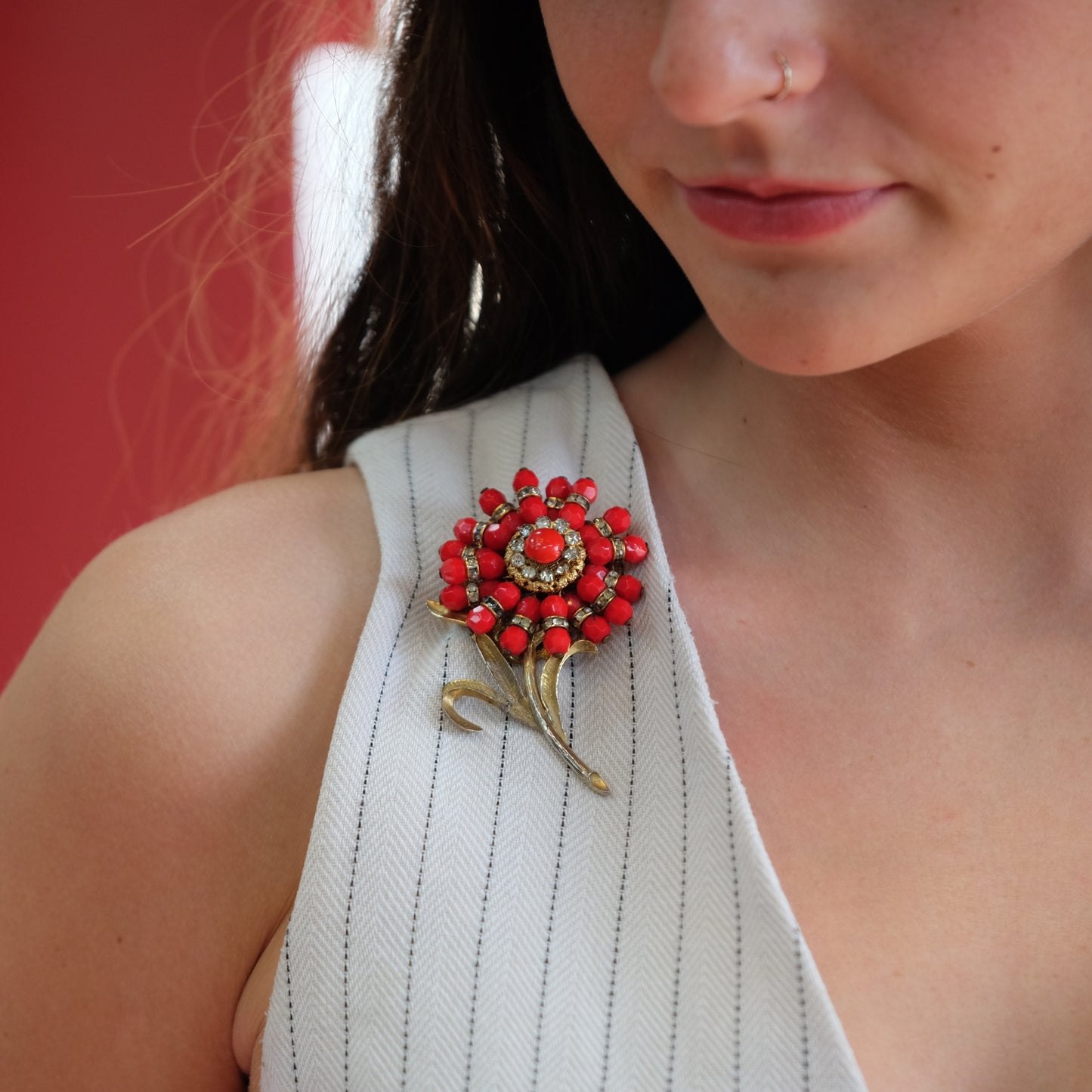 Collectible Miriam Haskell Red flower brooch