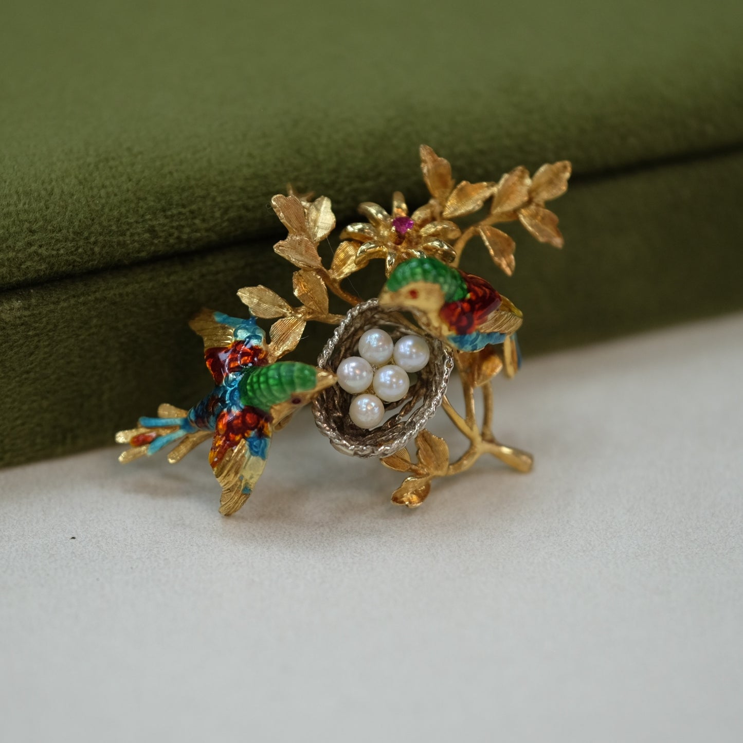 18K Gold Enamel Pearl Figural Bird Nest Brooch