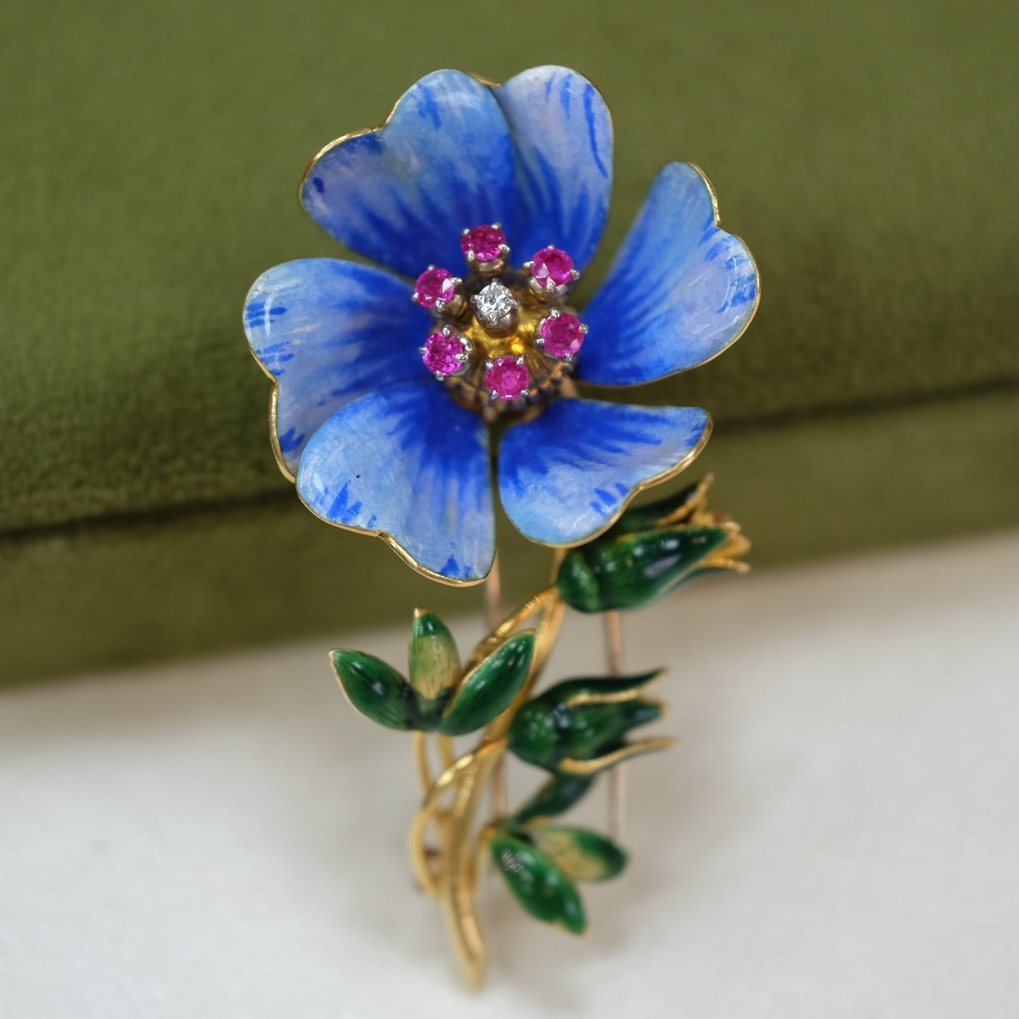 18K Gold Enamel Diamond Ruby Brooch