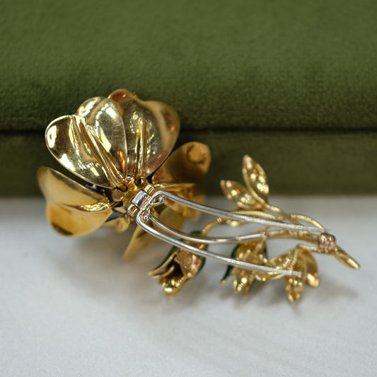 18K Gold Enamel Diamond Ruby Brooch