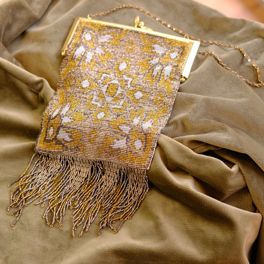 Whiting & Davis Gold and Silver Beaded Purse with Fringe