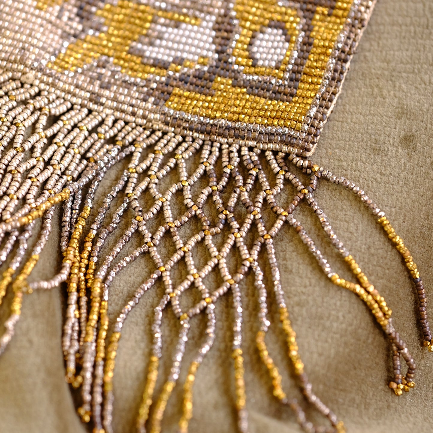 Whiting & Davis Gold and Silver Beaded Purse with Fringe