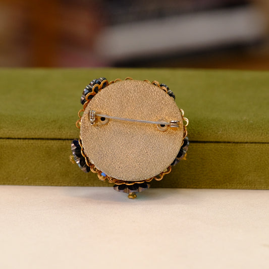 Vintage Blue Flower Crystal Round Brooch 1960s