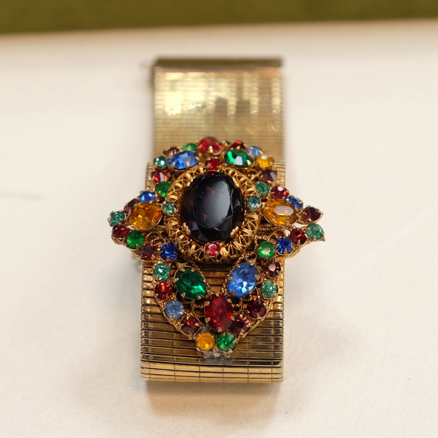 Vintage Centerpiece Jewel tone Wide Bracelet 1950s