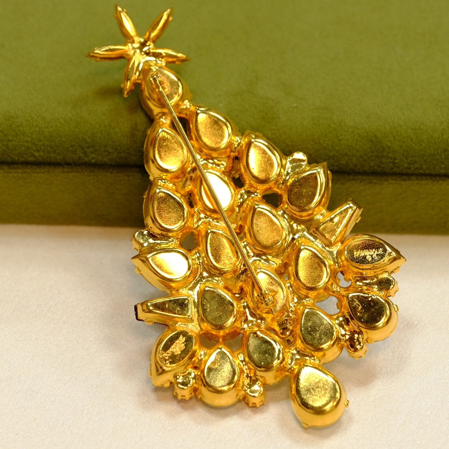 Dominique Giant Christmas Tree teardrop and red rhinestone Brooch 1980s