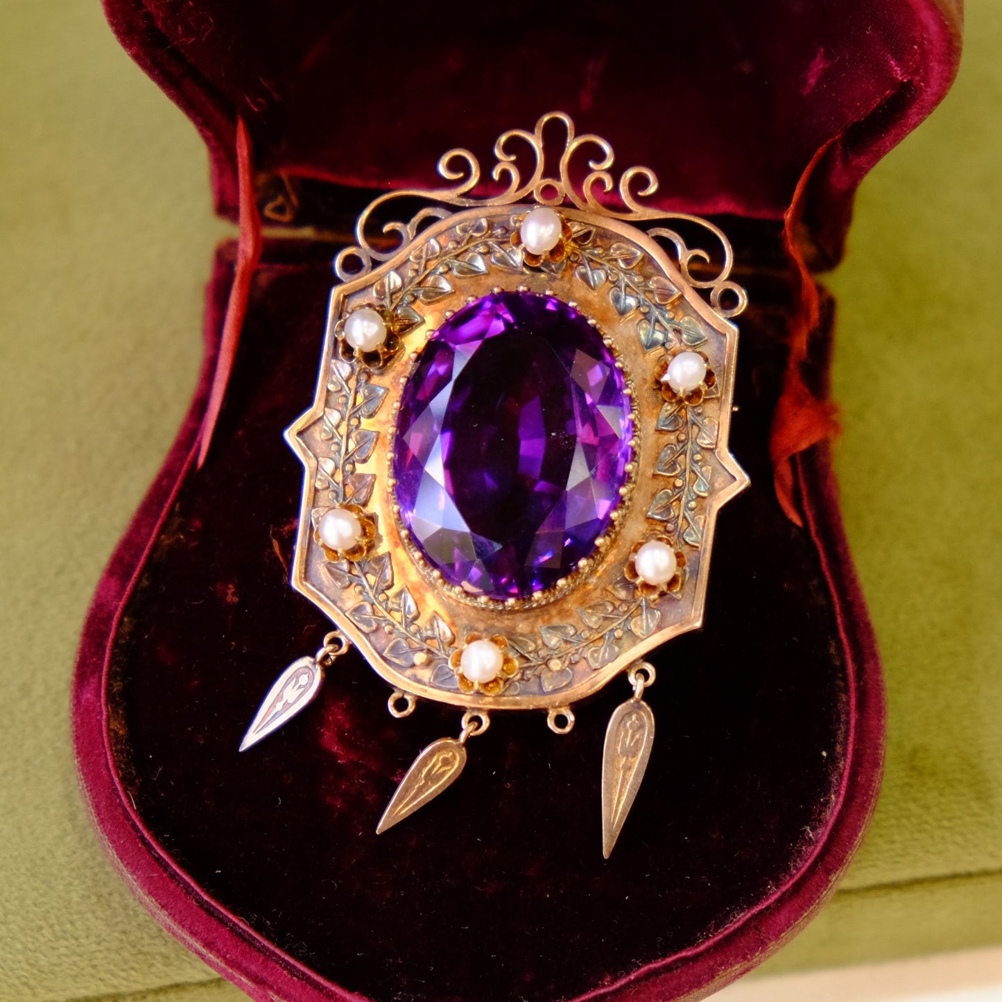 Victorian 14K Gold Genuine Amethyst Brooch and Pendant with original box