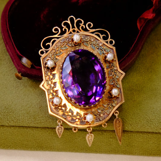 Victorian 14K Gold Genuine Amethyst Brooch and Pendant with original box