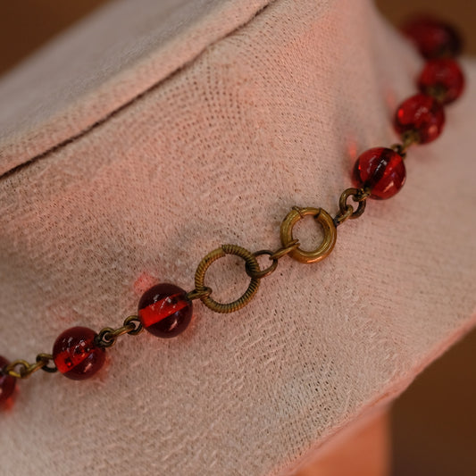 Victorian Red Glass and Brass Necklace 1890s