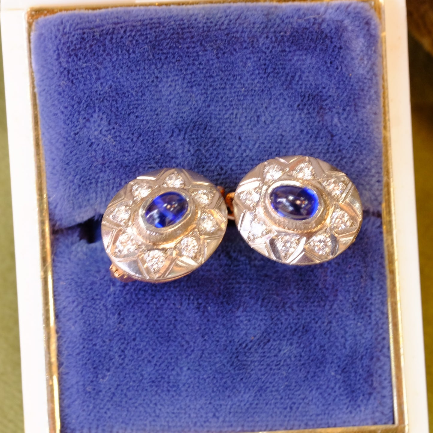 14k Gold Soviet Diamond and Sapphire Cabochon Earrings