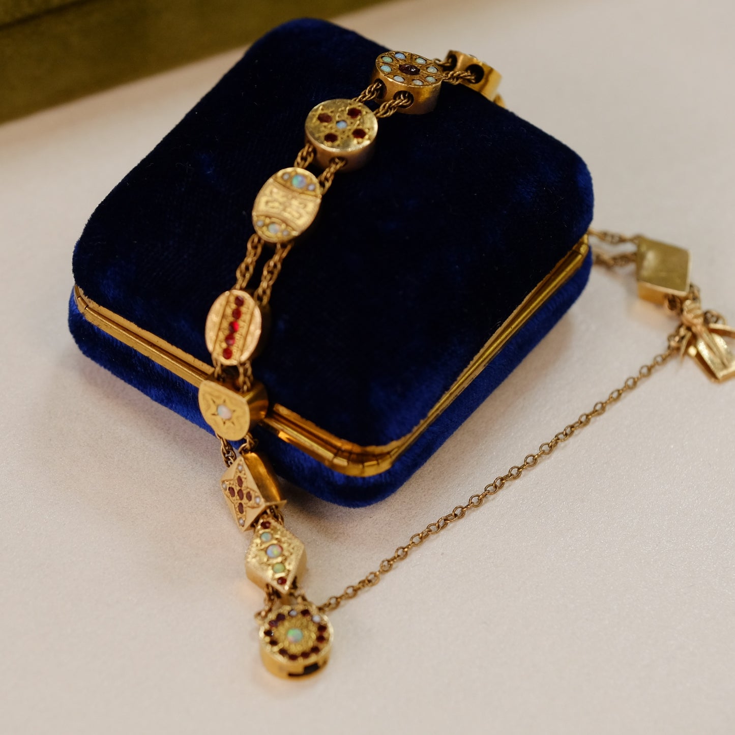 Victorian 14k Solid Gold Slider Bracelet with Opals and Garnets