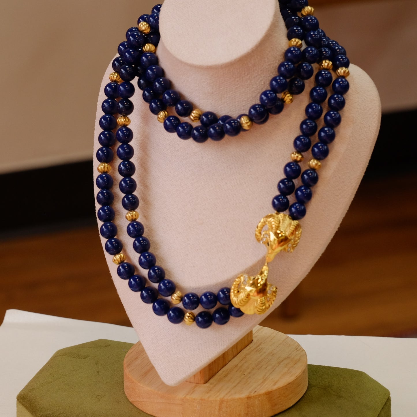 Kenneth Jay Lane Faux Lapis Ram Clasp Double Row Beads 1990s