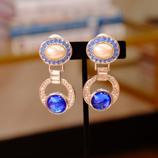 Vintage Yves Saint Laurent Blue Dangle Silver Tone Earrings 1990s