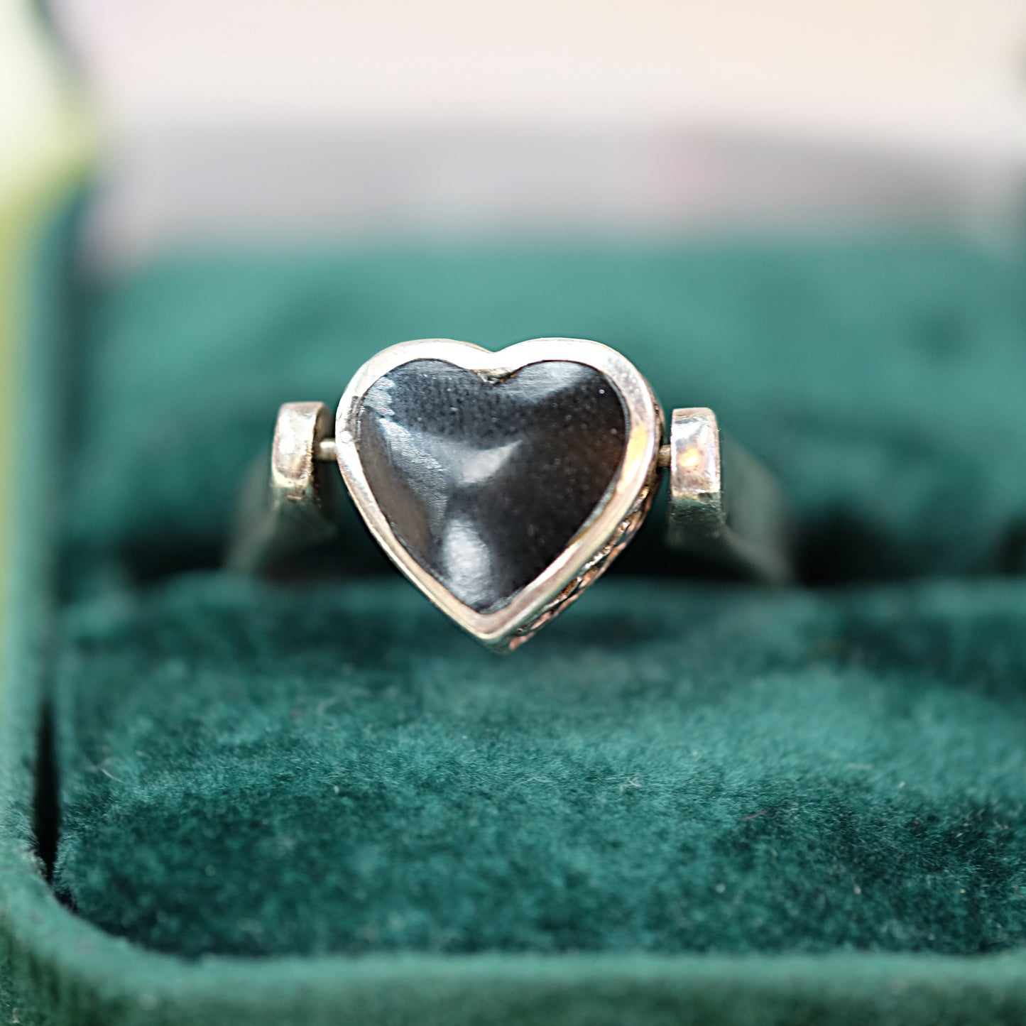 Black Enamel Heart Silver Flip Ring