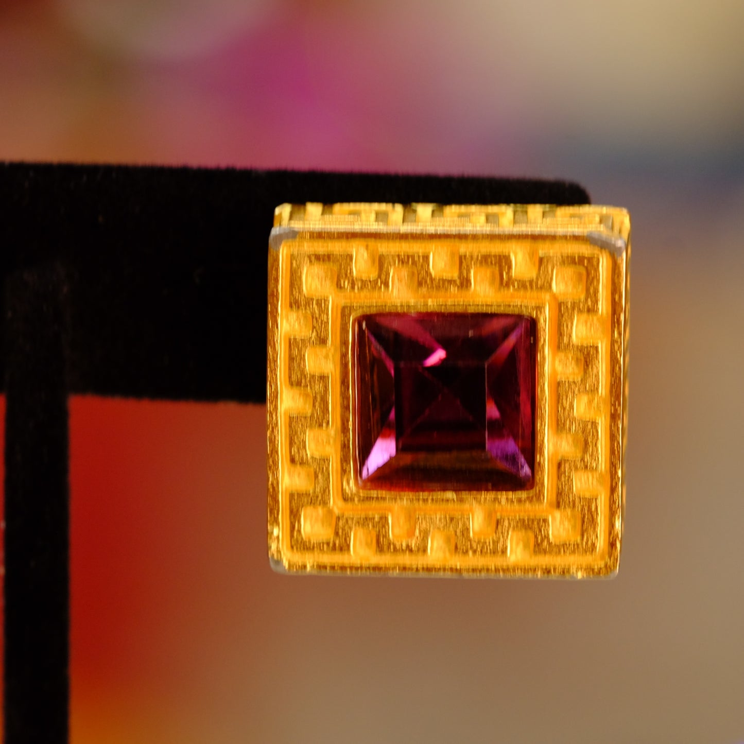 Vintage Designer Greek Key with Faux Amethyst Earrings 1980s