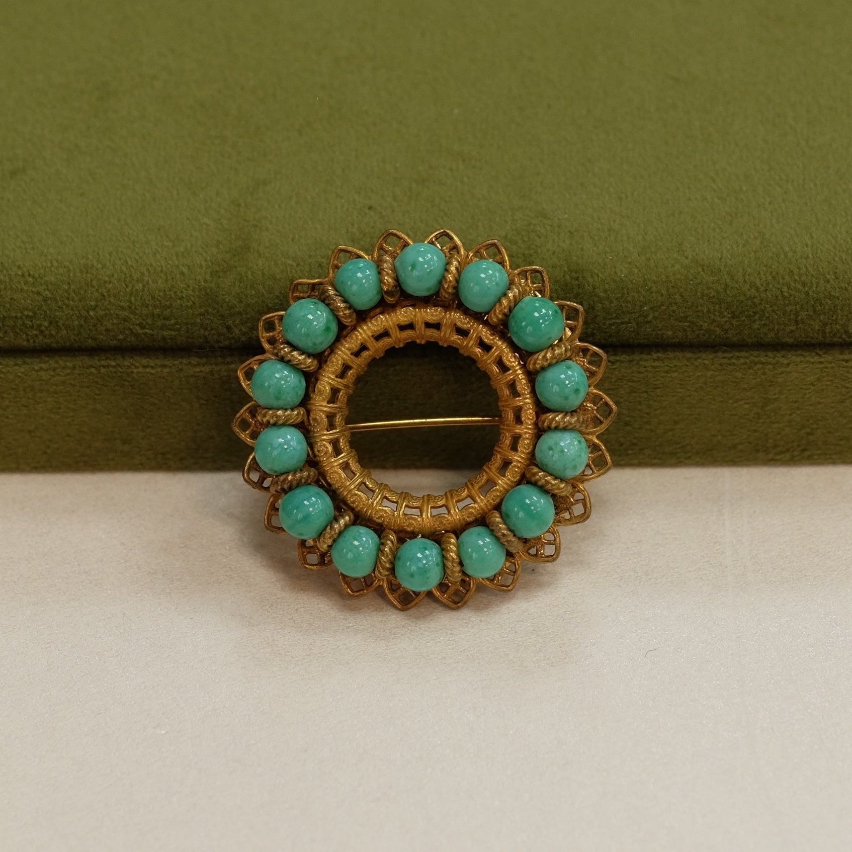 Miriam Haskell Round Turquoise Glass Brooch 1960s – Antiques by Anna