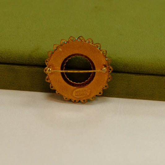 Miriam Haskell Round Turquoise Glass Brooch 1960s