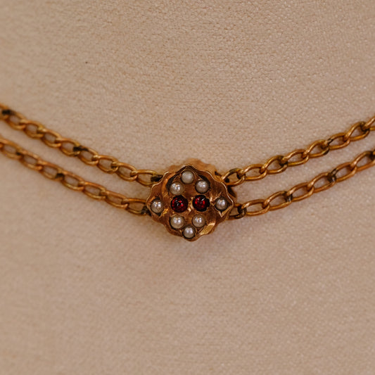 Victorian Gold Filled Ruby Seed Pearl Charm Slider Necklace