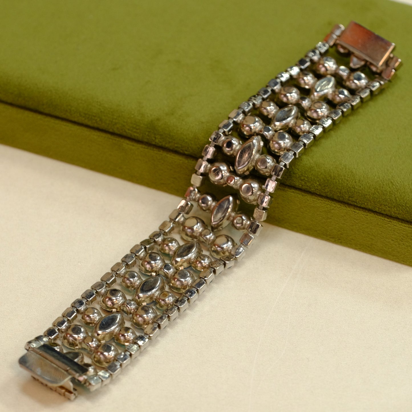 Vintage Blue Lavender Soft Rhinestone Wide Bracelet 1950s