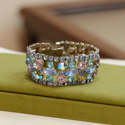 Vintage Blue Lavender Soft Rhinestone Wide Bracelet 1950s