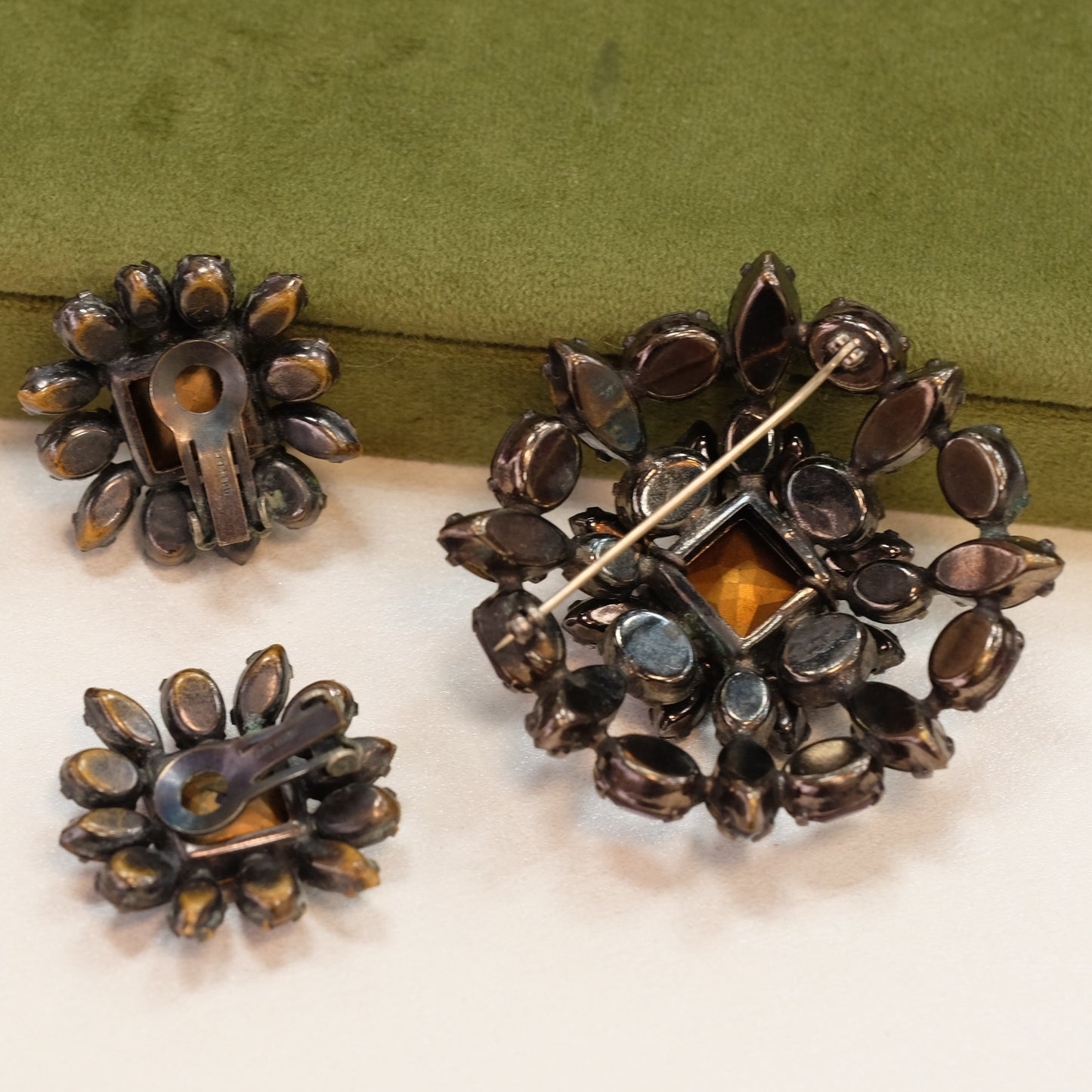 Schreiner Blue and Purple Brooch and Earrings set 1960s